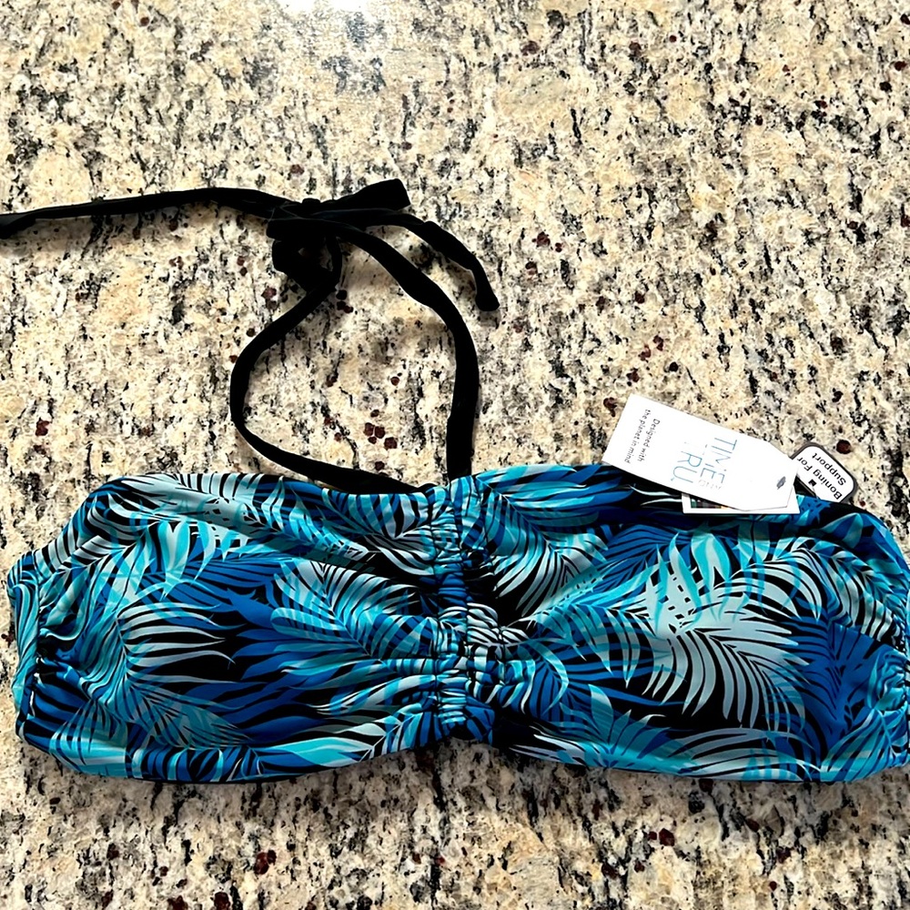 Time & Tru Blue Black Tropical Fern Print Halter Bikini Top Size XL 16/18 NWT